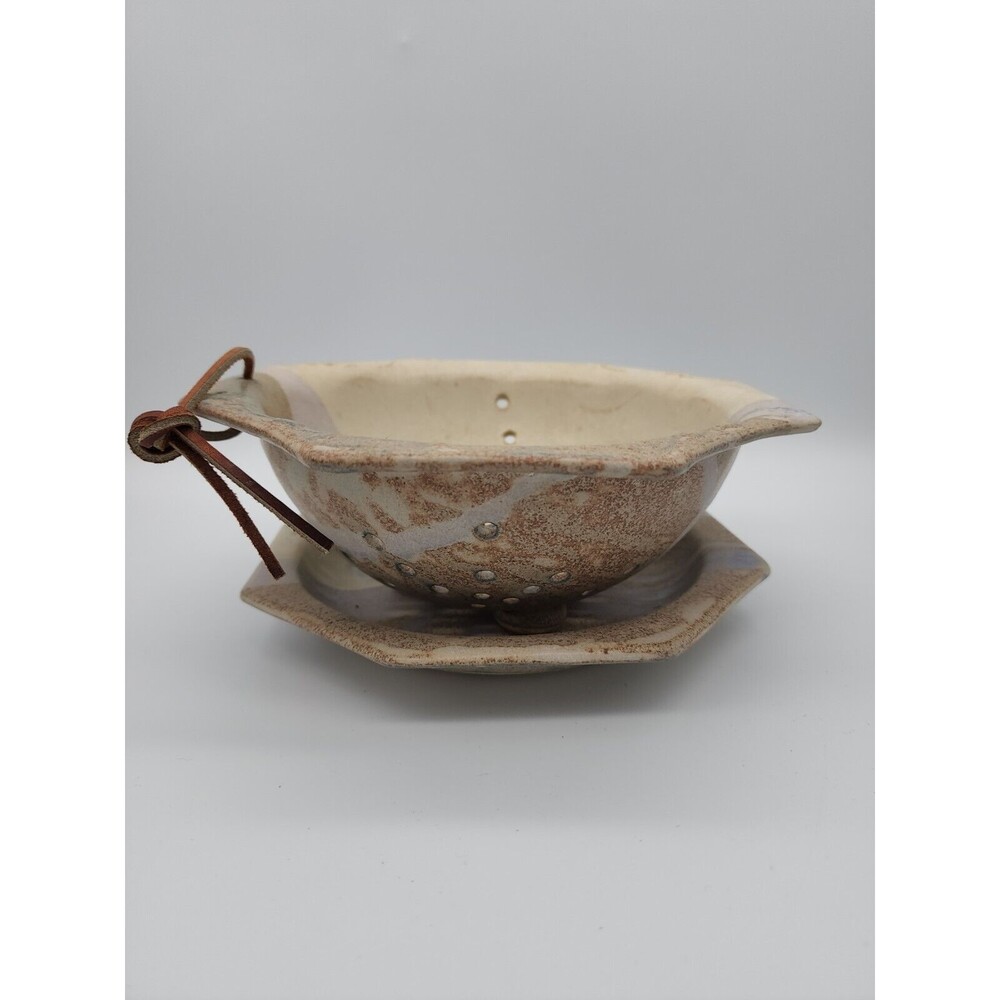 Berry Bowl Pottery Strainer & Dish Signed SR Allen TN NEW Hanger Octagonal